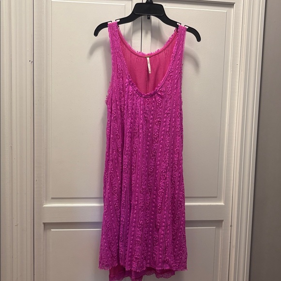 ✨Free People✨Wild Pink A-line Swing Dress V-neck Fuschia Stretch Lace Raw Hem XS - Picture 3 of 10